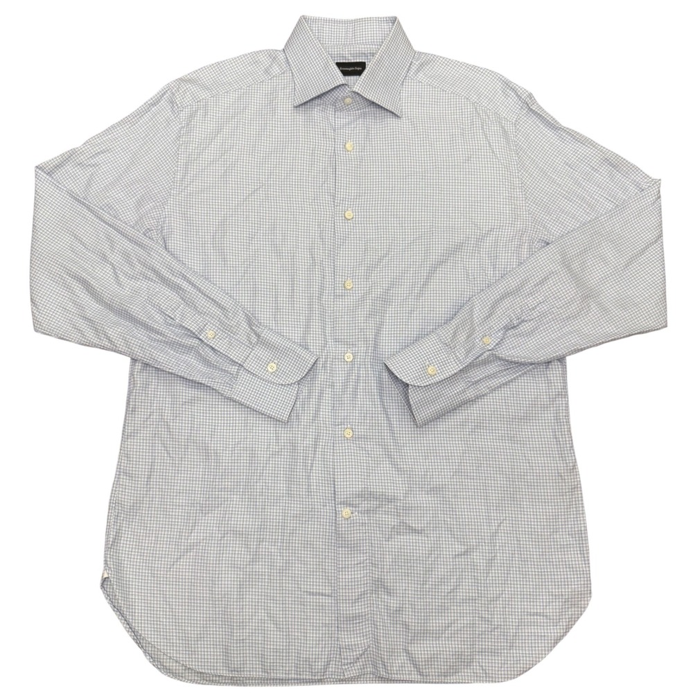 Ermenegildo Zegna Button Down Mens 16.5 Blue White Micro Check Regular Fit Shirt